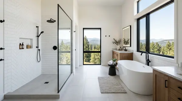 Renovated bathroom with tiled walk-in shower and freestanding tub