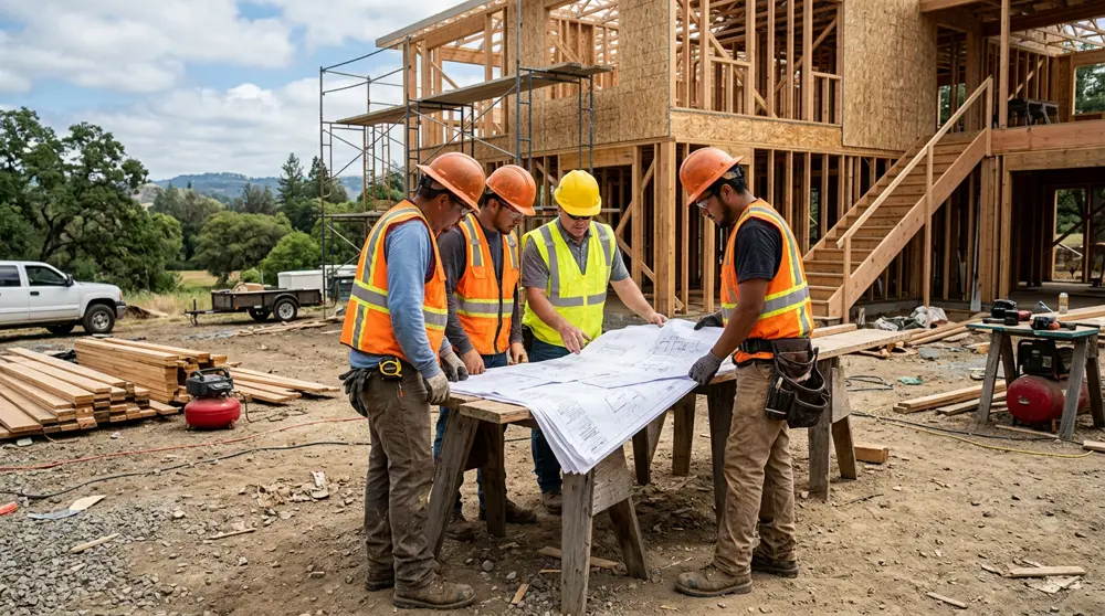 Carter Construction crew reviewing plans on a job site